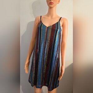 As U Wish Sequin Striped Mini Dress - Blue, Red, Gold